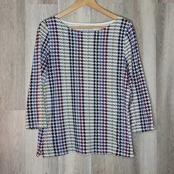 🛍Talbots Colorful Houndstooth Plaid Pattern 3/4 Sleeve Blouse Womens Medium - Picture 1 of 6